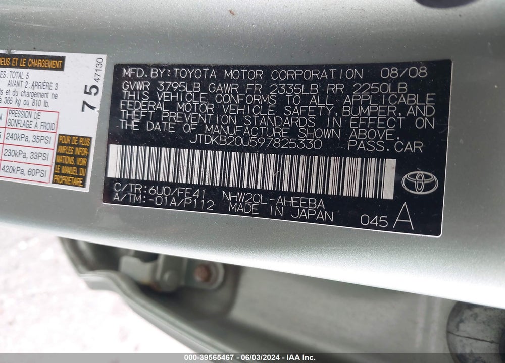 2009 TOYOTA PRIUS VIN: JTDKB20U597825330