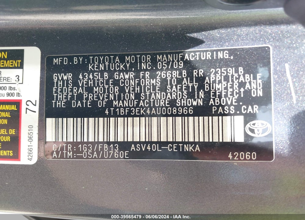 2010 TOYOTA CAMRY LE VIN: 4T1BF3EK4AU008966