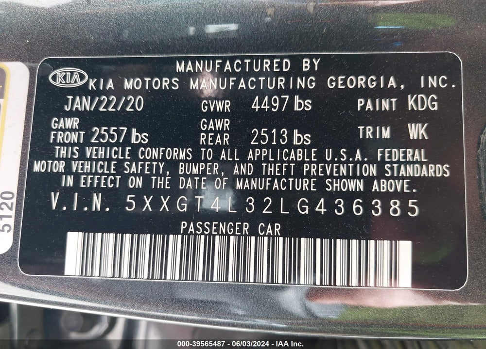 2020 KIA OPTIMA LX VIN: 5XXGT4L32LG436385