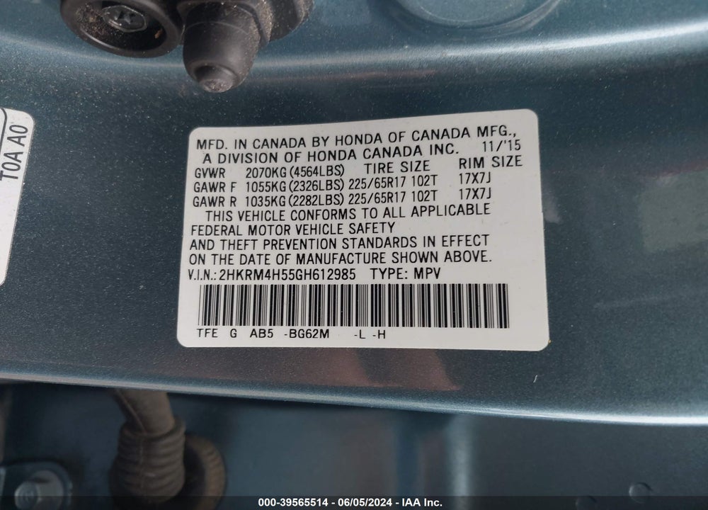 2016 HONDA CR-V EX VIN: 2HKRM4H55GH612985