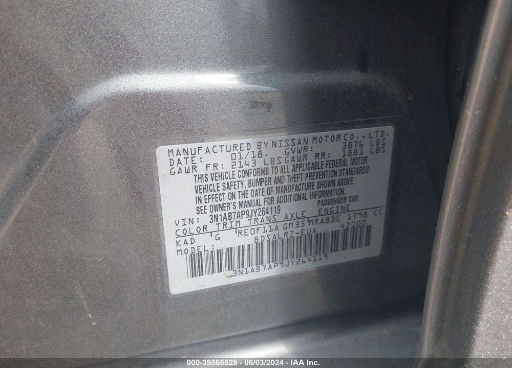2018 NISSAN SENTRA SR VIN: 3N1AB7AP9JY264119