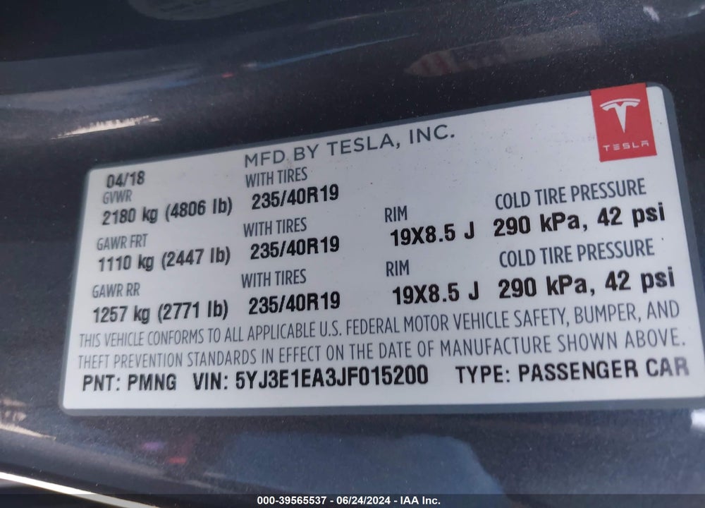 2018 TESLA MODEL 3 LONG RANGE/MID RANGE VIN: 5YJ3E1EA3JF015200