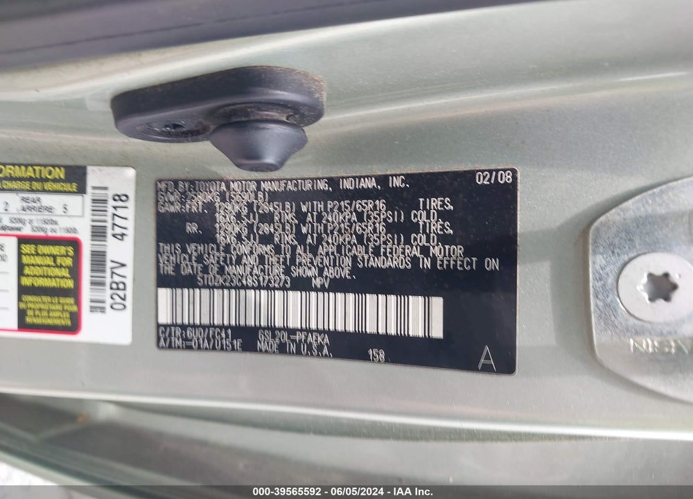 2008 TOYOTA SIENNA LE VIN: 5TDZK23C48S173273