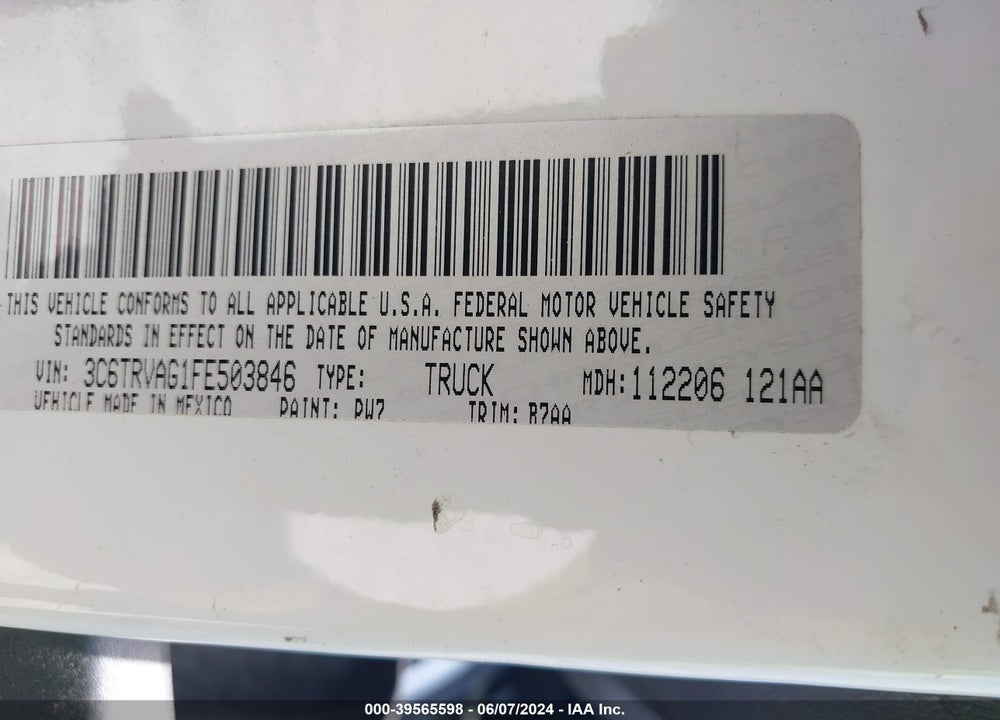 2015 RAM PROMASTER 1500 LOW ROOF VIN: 3C6TRVAG1FE503846