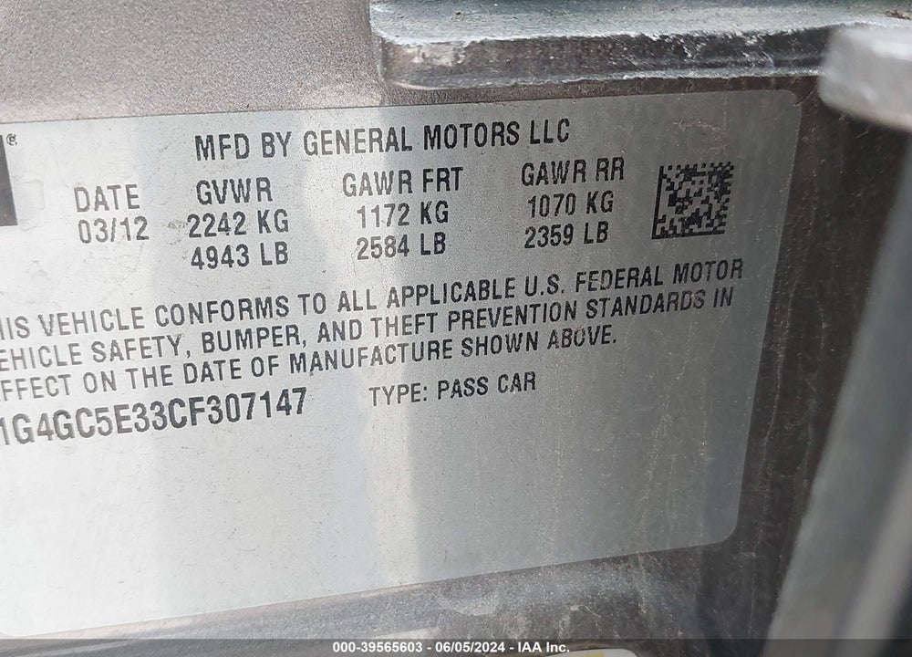 2012 BUICK LACROSSE LEATHER GROUP VIN: 1G4GC5E33CF307147