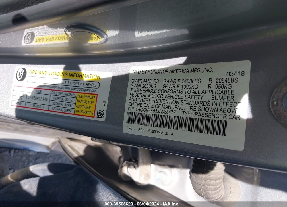 2018 HONDA ACCORD EX-L 2.0T VIN: 1HGCV2F55JA038477