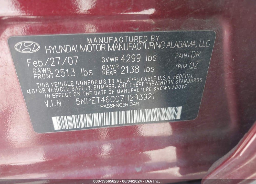 2007 HYUNDAI SONATA GLS VIN: 5NPET46C07H293921