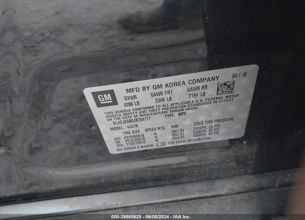 2018 BUICK ENCORE PREFERRED VIN: KL4CJASB0JB704777