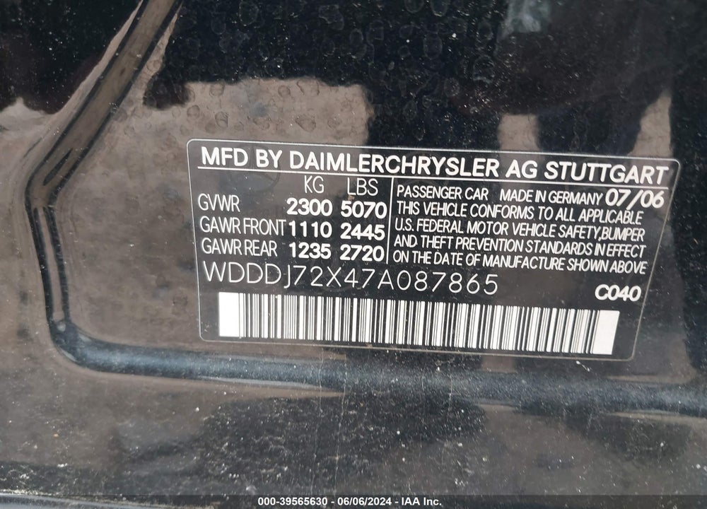2007 MERCEDES-BENZ CLS 550 VIN: WDDDJ72X47A087865