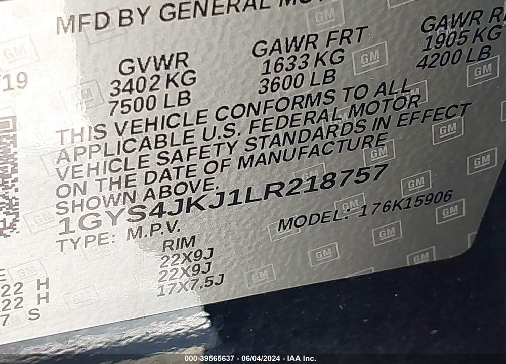 2020 CADILLAC ESCALADE ESV 4WD PREMIUM LUXURY VIN: 1GYS4JKJ1LR218757