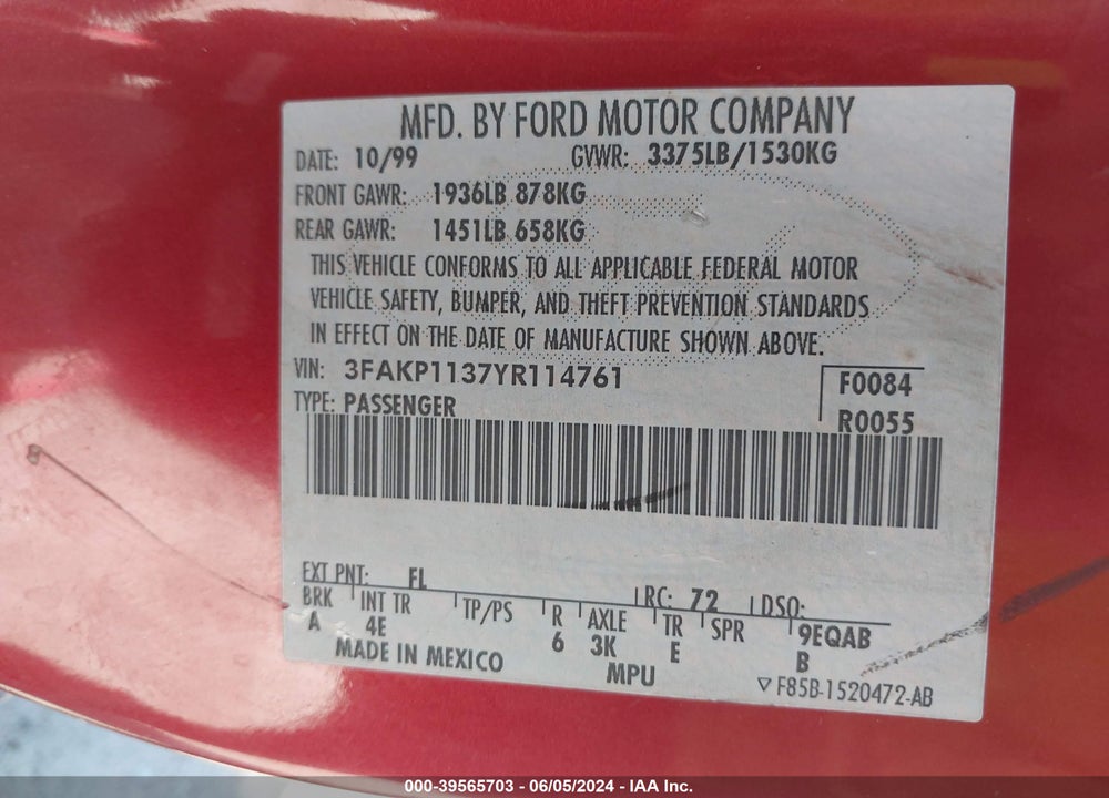 2000 FORD ESCORT ZX2 VIN: 3FAKP1137YR114761