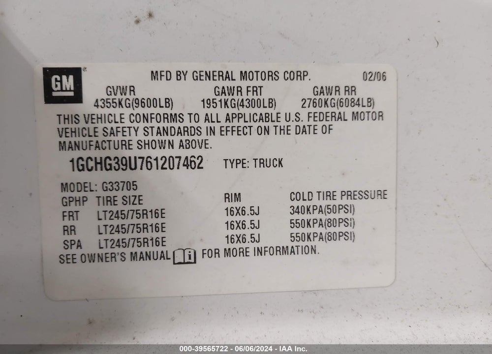 2006 CHEVROLET EXPRESS WORK VAN VIN: 1GCHG39U761207462