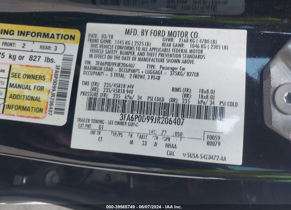 2018 FORD FUSION TITANIUM VIN: 3FA6P0D99JR206407