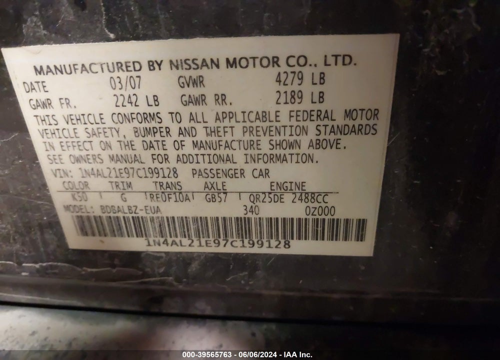 2007 NISSAN ALTIMA 2.5 S VIN: 1N4AL21E97C199128