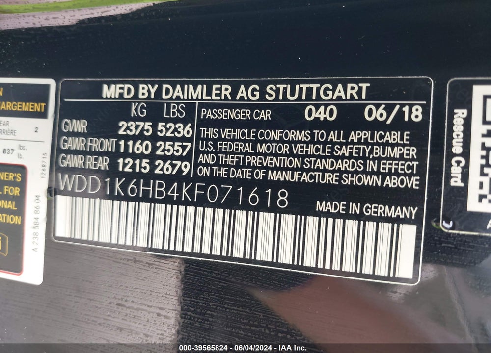2019 MERCEDES-BENZ E 450 VIN: WDD1K6HB4KF071618