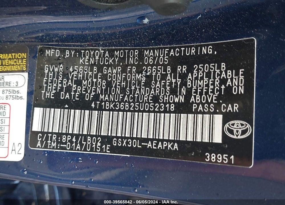 2005 TOYOTA AVALON LIMITED VIN: 4T1BK36B25U052318