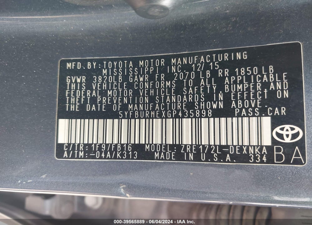 2016 TOYOTA COROLLA LE VIN: 5YFBURHEXGP435898
