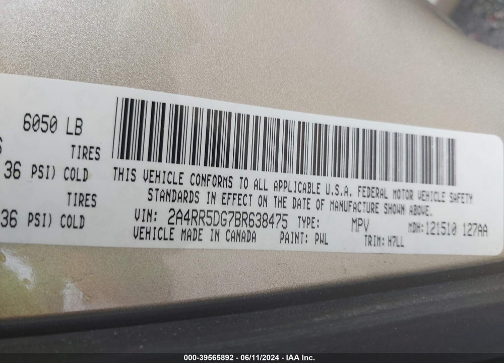2011 CHRYSLER TOWN & COUNTRY TOURING VIN: 2A4RR5DG7BR638475