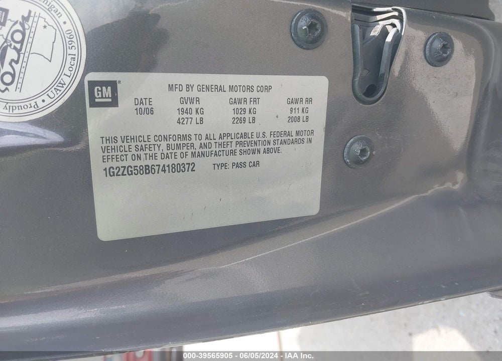 2007 PONTIAC G6 VIN: 1G2ZG58B674180372