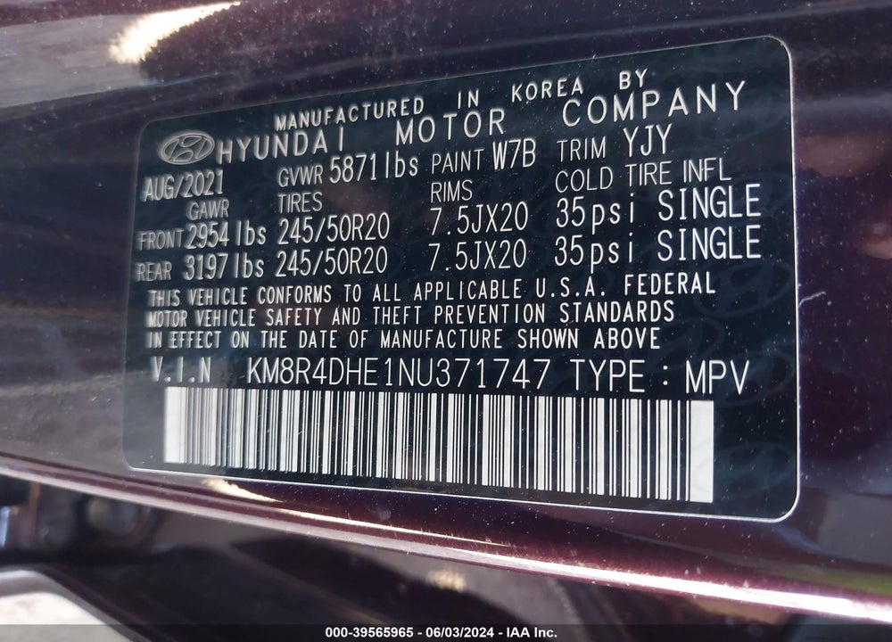 2022 HYUNDAI PALISADE SEL VIN: KM8R4DHE1NU371747