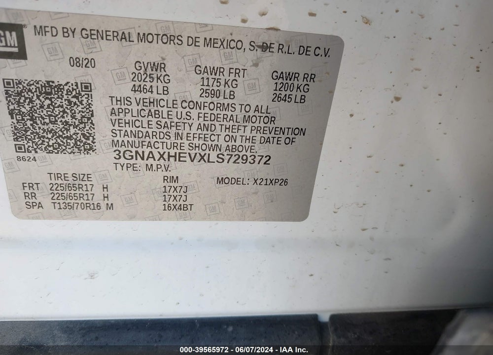 2020 CHEVROLET EQUINOX FWD LS VIN: 3GNAXHEVXLS729372