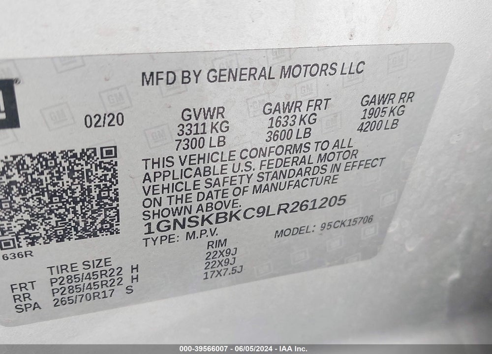 2020 CHEVROLET TAHOE 4WD LT VIN: 1GNSKBKC9LR261205
