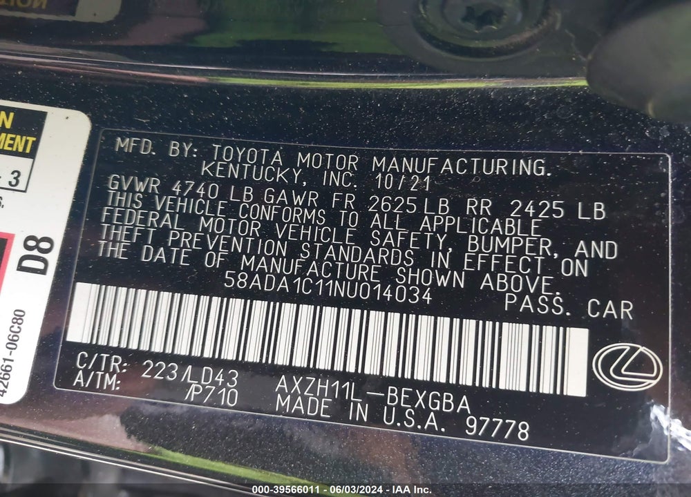 2022 LEXUS ES 300H VIN: 58ADA1C11NU014034