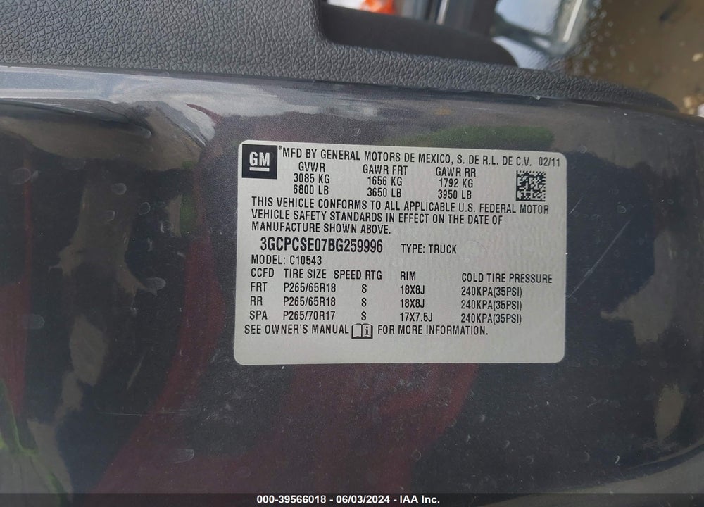 2011 CHEVROLET SILVERADO 1500 LT VIN: 3GCPCSE07BG259996
