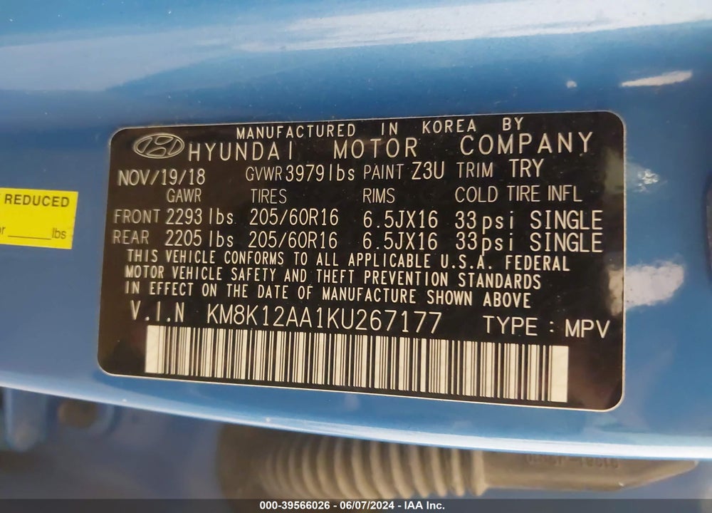 2019 HYUNDAI KONA SE VIN: KM8K12AA1KU267177
