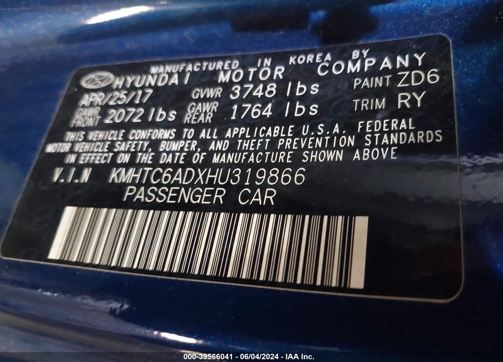 2017 HYUNDAI VELOSTER VALUE EDITION VIN: KMHTC6ADXHU319866