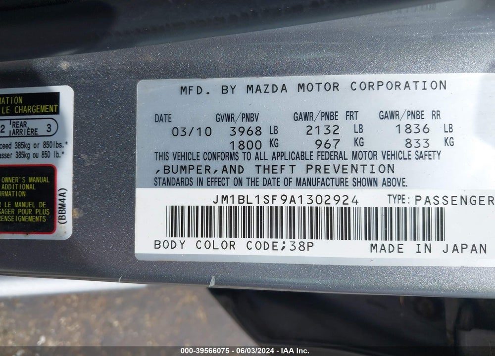 2010 MAZDA 3 I SPORT VIN: JM1BL1SF9A1302924