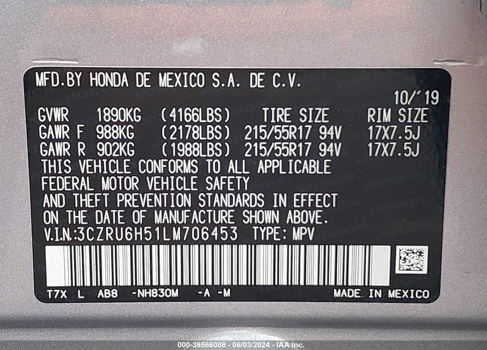 2020 HONDA HR-V AWD EX VIN: 3CZRU6H51LM706453