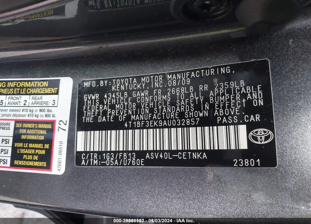 2010 TOYOTA CAMRY LE VIN: 4T1BF3EK9AU032857