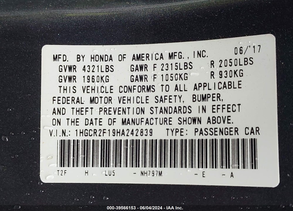 2017 HONDA ACCORD SPORT SE VIN: 1HGCR2F19HA242839
