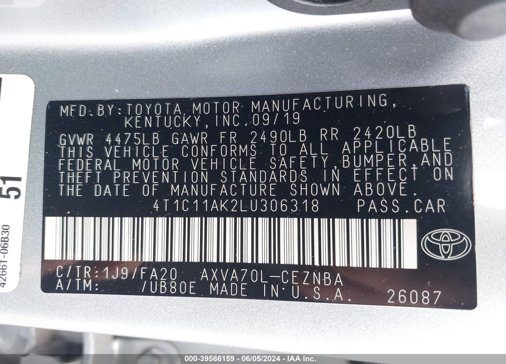 2020 TOYOTA CAMRY VIN: 4T1C11AK2LU306318