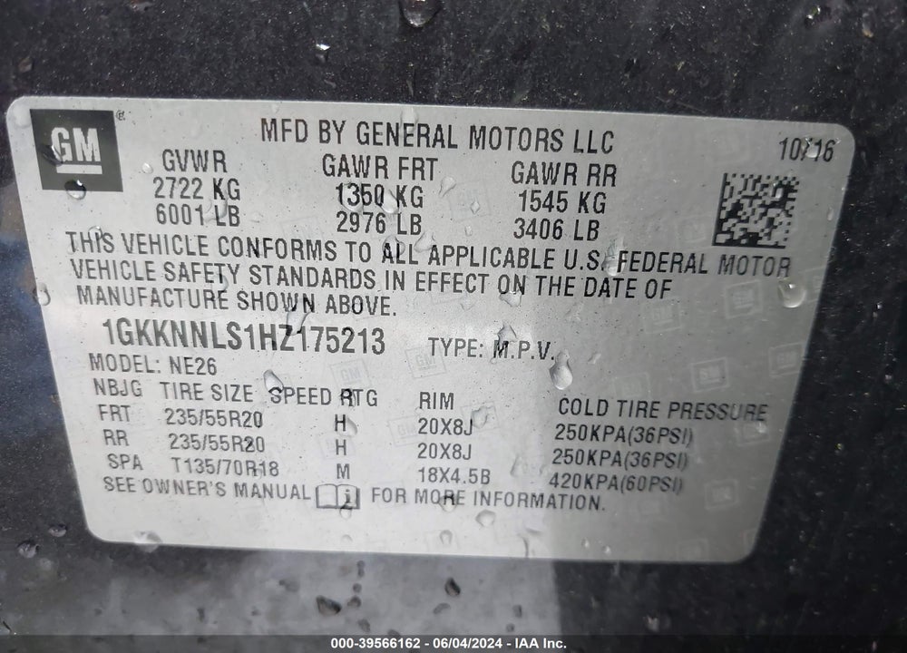 2017 GMC ACADIA SLT-2 VIN: 1GKKNNLS1HZ175213
