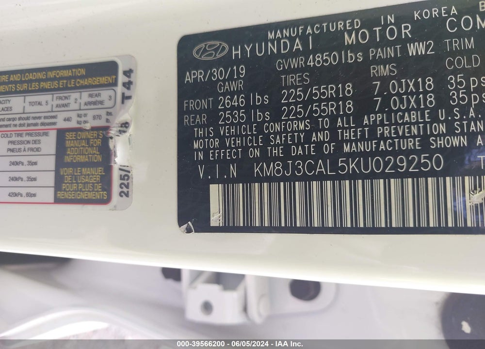 2019 HYUNDAI TUCSON SEL VIN: KM8J3CAL5KU029250