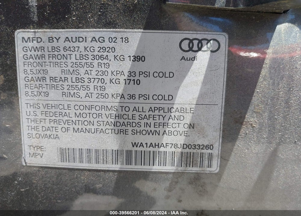 2018 AUDI Q7 2.0T PREMIUM VIN: WA1AHAF78JD033260