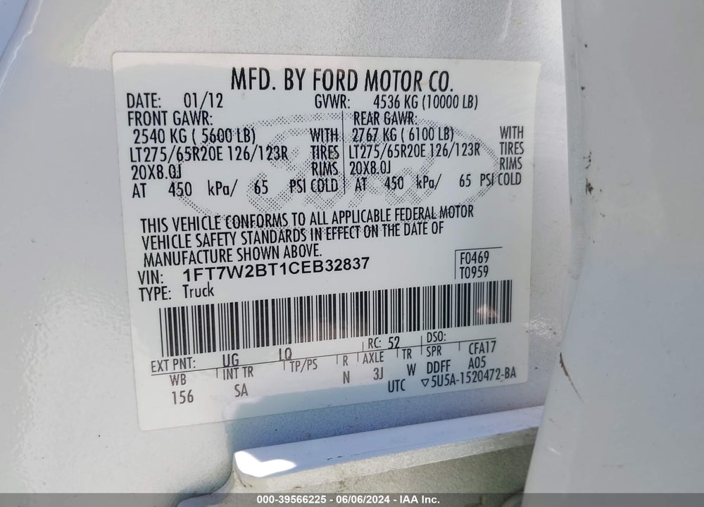 2012 FORD F-250 LARIAT VIN: 1FT7W2BT1CEB32837