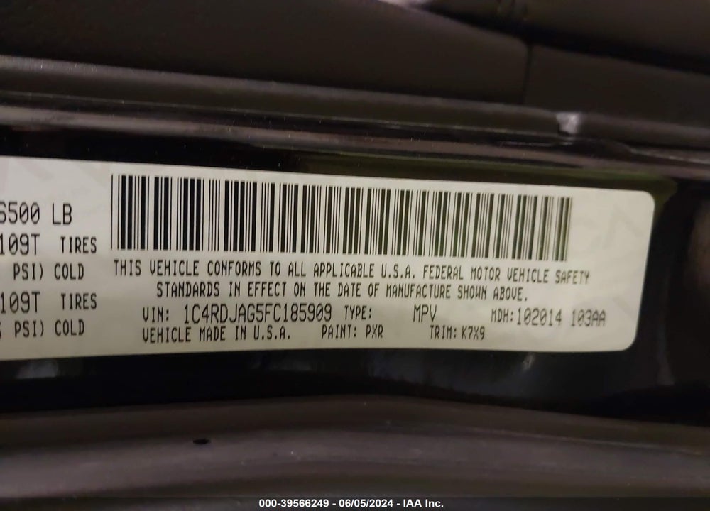 2015 DODGE DURANGO SXT VIN: 1C4RDJAG5FC185909