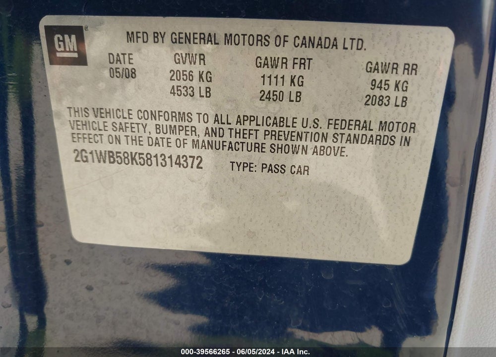 2008 CHEVROLET IMPALA VIN: 2G1WB58K581314372