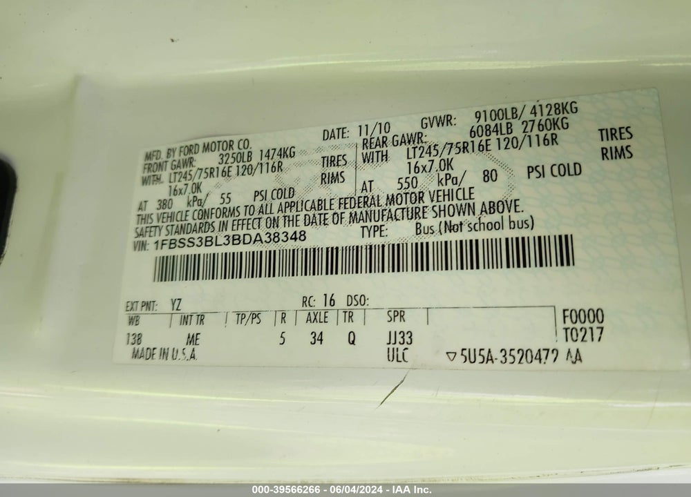 2011 FORD E-350 SUPER DUTY XLT VIN: 1FBSS3BL3BDA38348