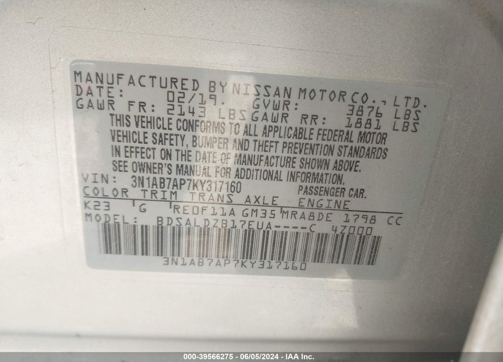 2019 NISSAN SENTRA SV VIN: 3N1AB7AP7KY317160