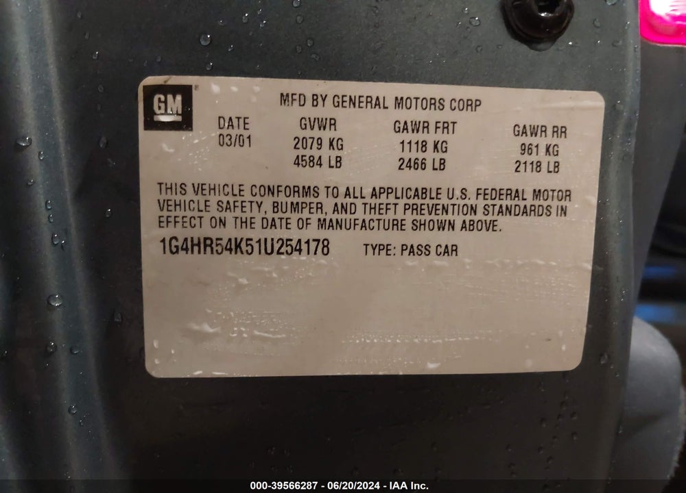 2001 BUICK LESABRE LIMITED VIN: 1G4HR54K51U254178