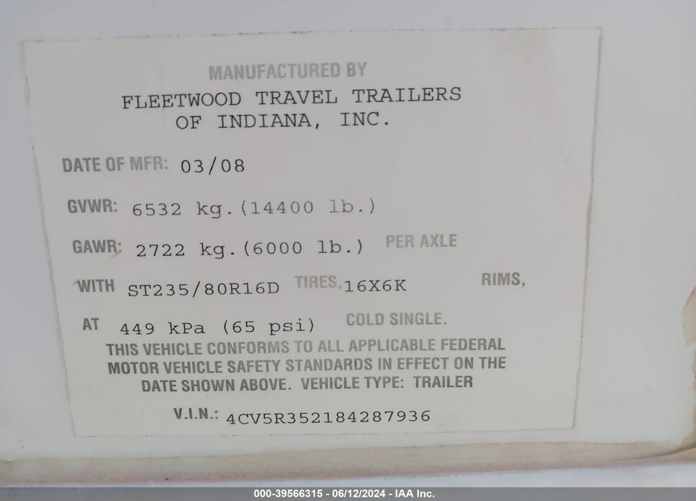2008 FLEETWOOD QUANTUM 355RLQS VIN: 4CV5R352184287936