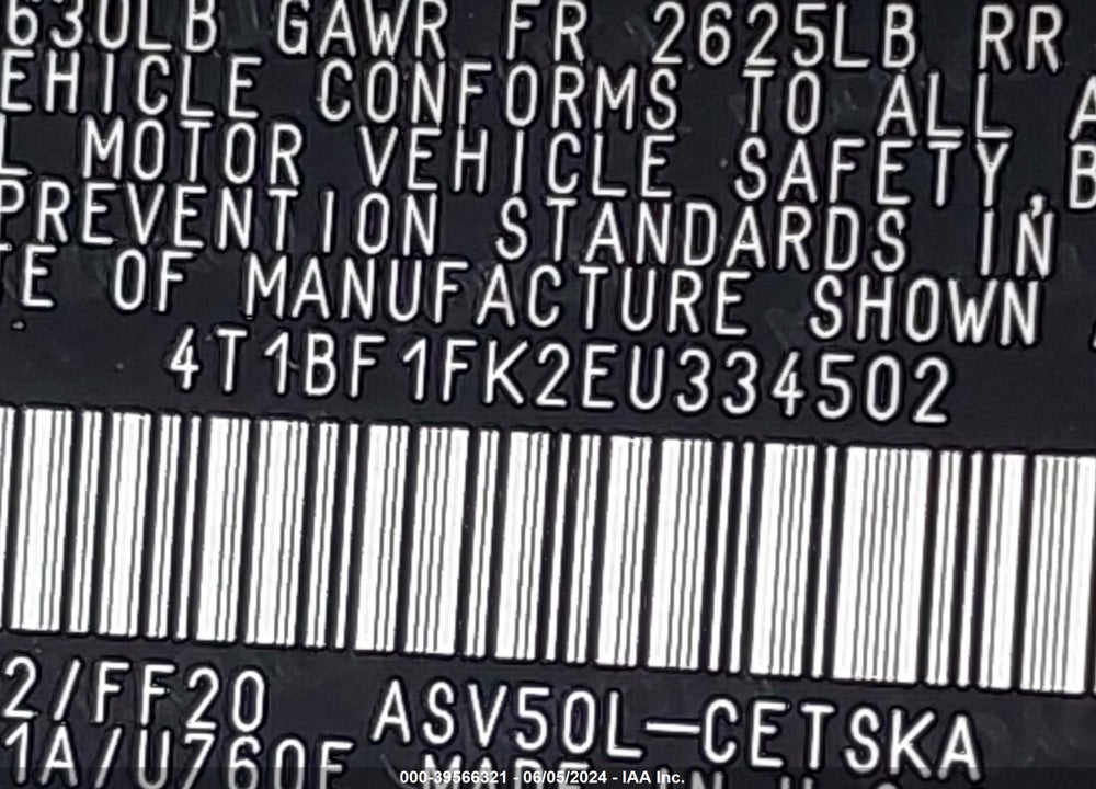 2014 TOYOTA CAMRY SE VIN: 4T1BF1FK2EU334502