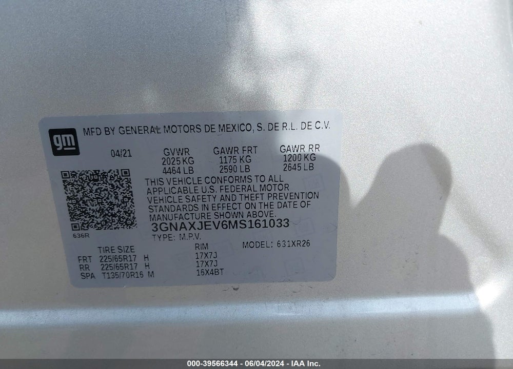 2021 CHEVROLET EQUINOX FWD 2FL VIN: 3GNAXJEV6MS161033