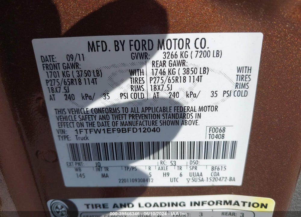 2011 FORD F-150 XLT VIN: 1FTFW1EF9BFD12040