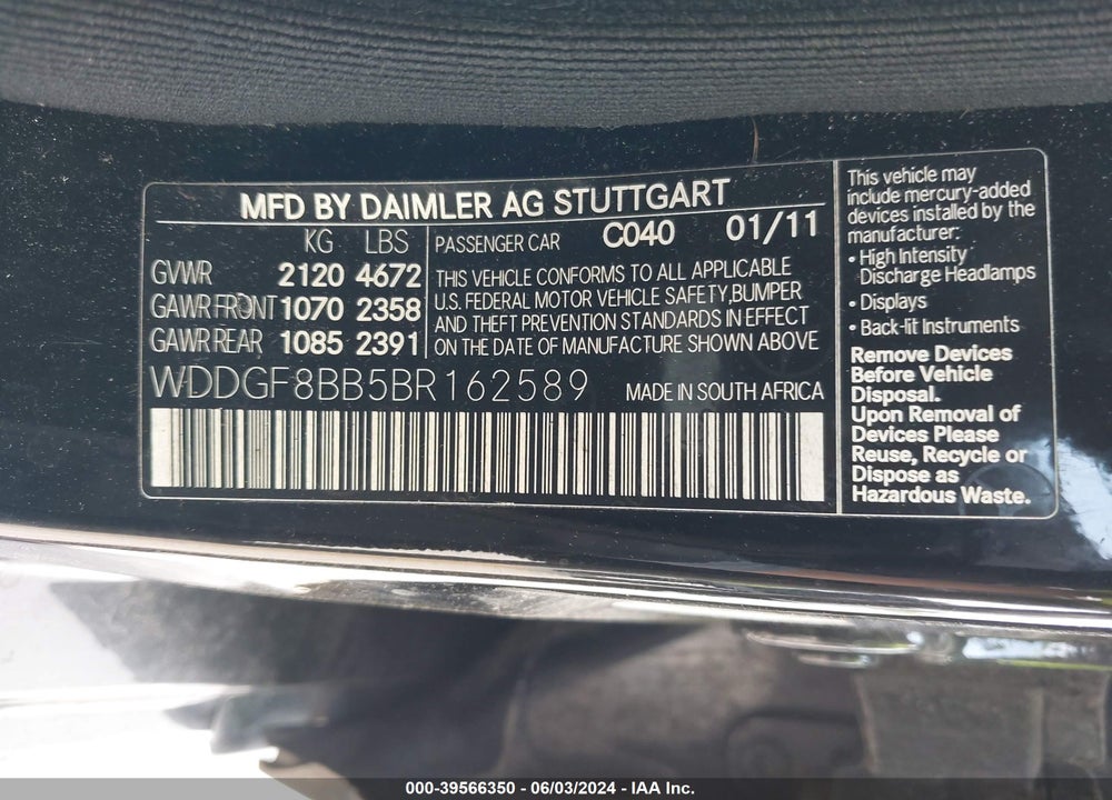2011 MERCEDES-BENZ C 300 LUXURY 4MATIC/SPORT 4MATIC VIN: WDDGF8BB5BR162589