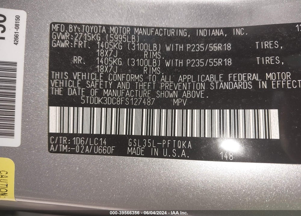 2015 TOYOTA SIENNA XLE PREMIUM 7 PASSENGER VIN: 5TDDK3DC8FS127487
